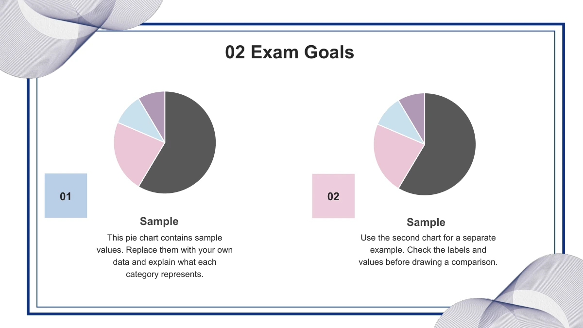 Two pie charts are paired with separate notes below and pink or blue number markers.