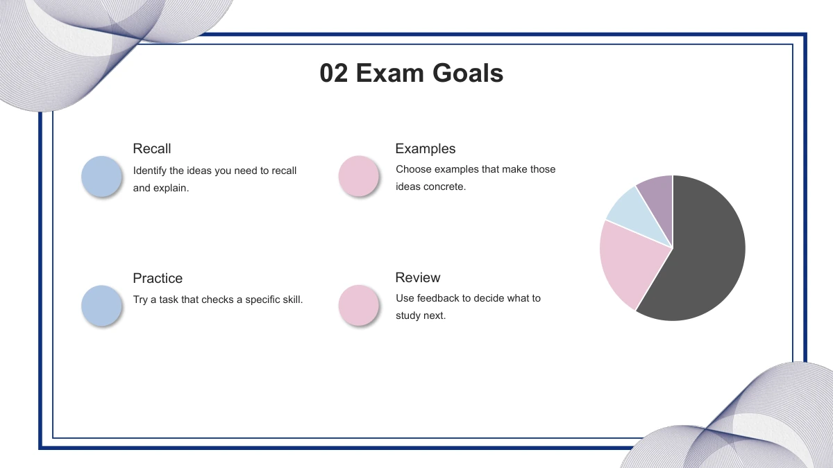 Four notes marked by pink and blue circles fill two columns to the left of a pie chart.