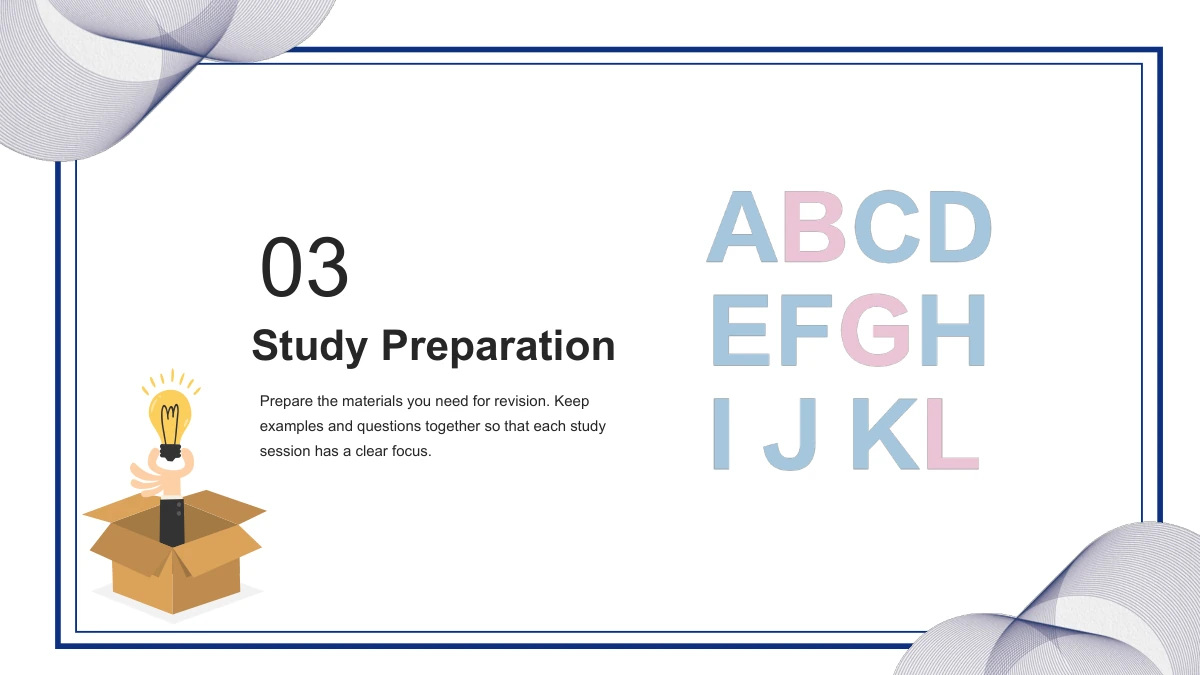 The number 03 and Study Preparation heading sit alongside pastel alphabet letters within the repeated navy frame.