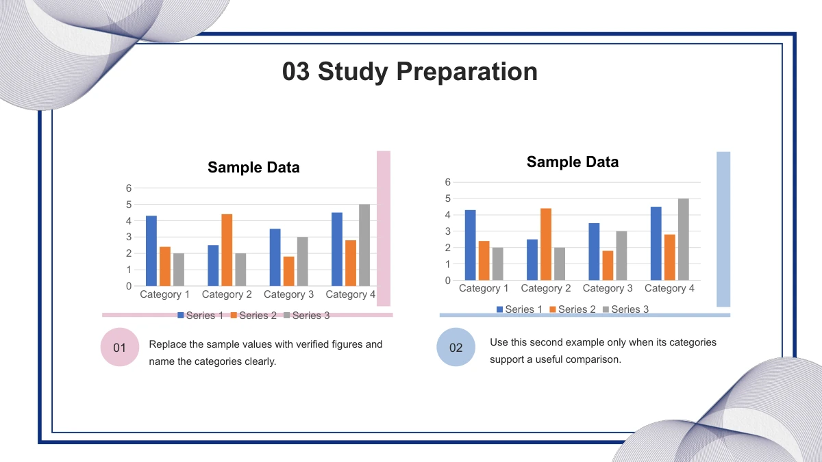 Two three-series clustered column charts sit above pink and blue accent rules and numbered explanatory notes.