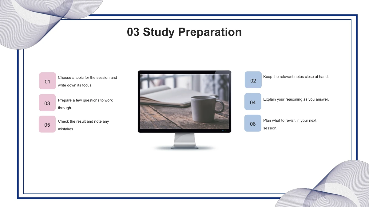 A monitor displaying a coffee-and-notebook photograph stands between two columns of three numbered notes.