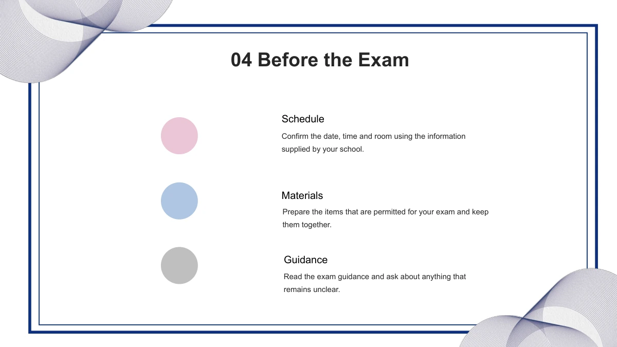 Pink, blue and grey circles introduce three short headings and text blocks inside the navy frame.