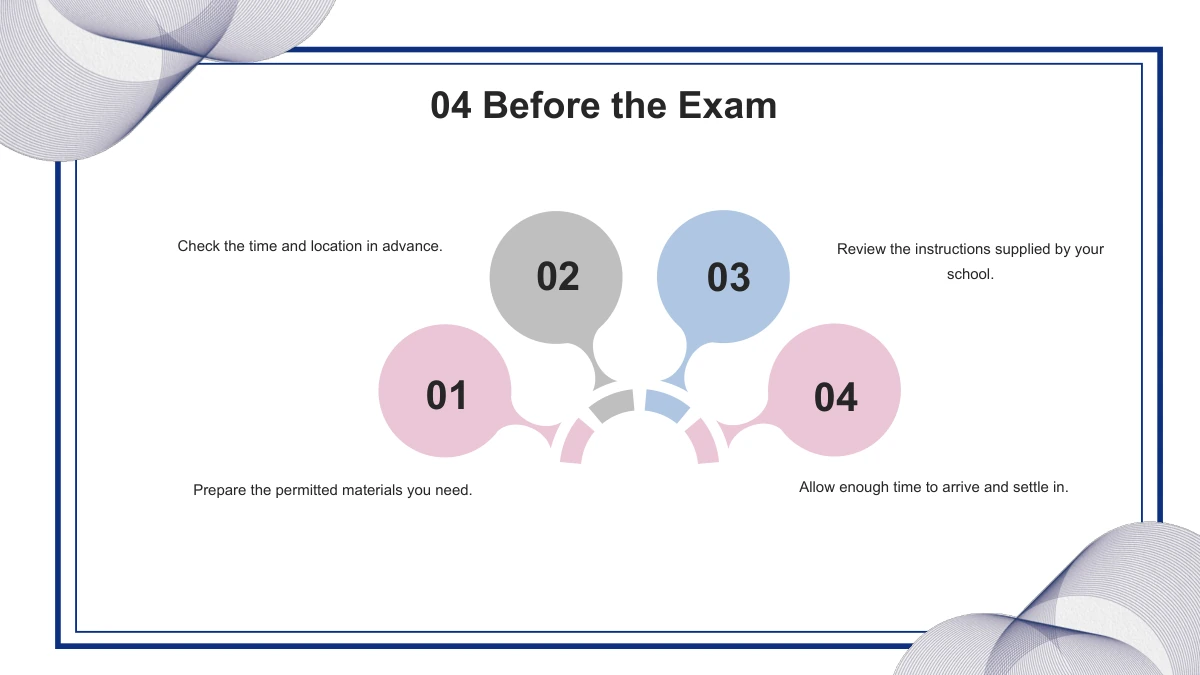 Four pink, grey and blue circles numbered 01–04 fan outward from a curved central base, with notes around the diagram.