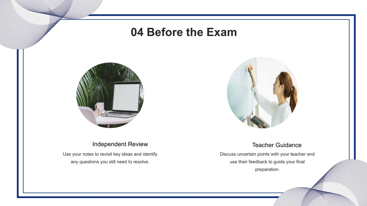 Two circular photographs show a laptop beside a plant and a person writing on a whiteboard, with captions and notes below.
