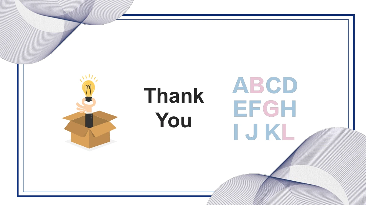 A thank-you message sits between the lightbulb-in-a-box illustration and pastel alphabet letters, within the navy frame and wave corners.