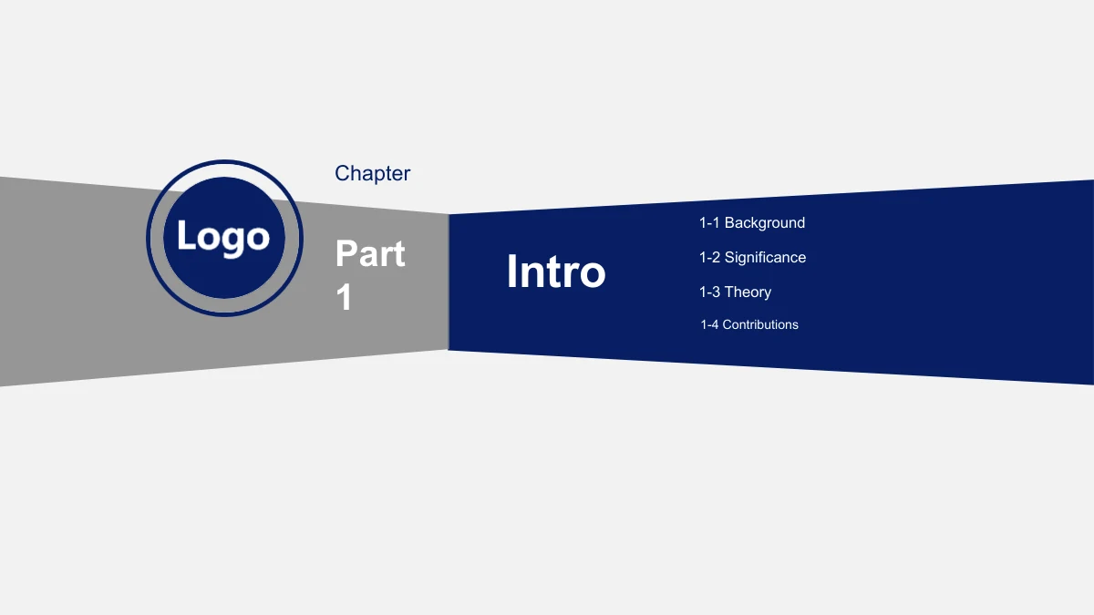 Slide 3: Part 1 introduces Intro beside a circular Logo placeholder, with Background, Significance, Theory and Contributions listed on the right.