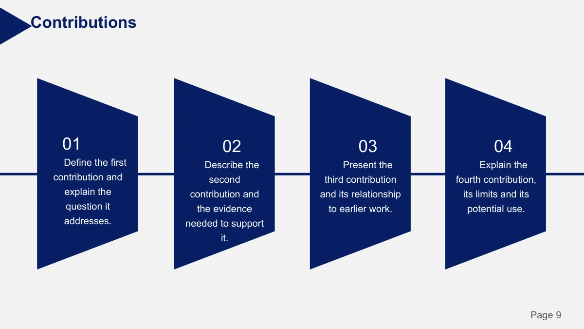 Slide 9: Four numbered vertical panels divide the page into parallel explanations, with navy and gray providing visual separation.