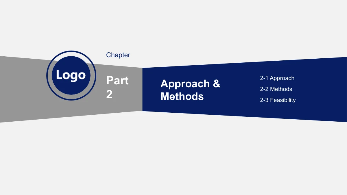 Slide 10: A chapter divider introduces the research approach and methods, using the shared circular Logo placeholder and navy accent.