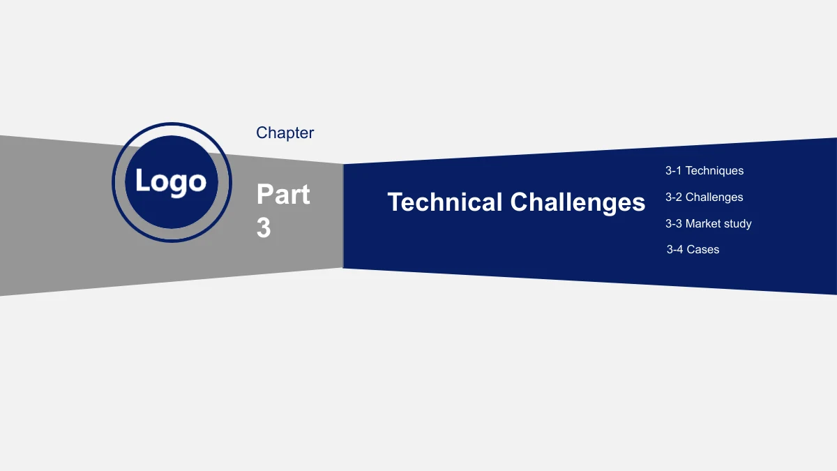Slide 17: A navy and gray divider introduces the technical-challenges section with a circular Logo placeholder.