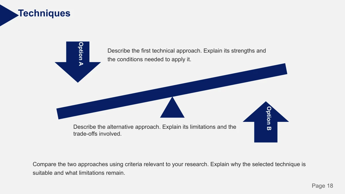 Slide 18: A seesaw graphic and opposing arrows balance two sides of a comparison, with text areas for supporting explanations.