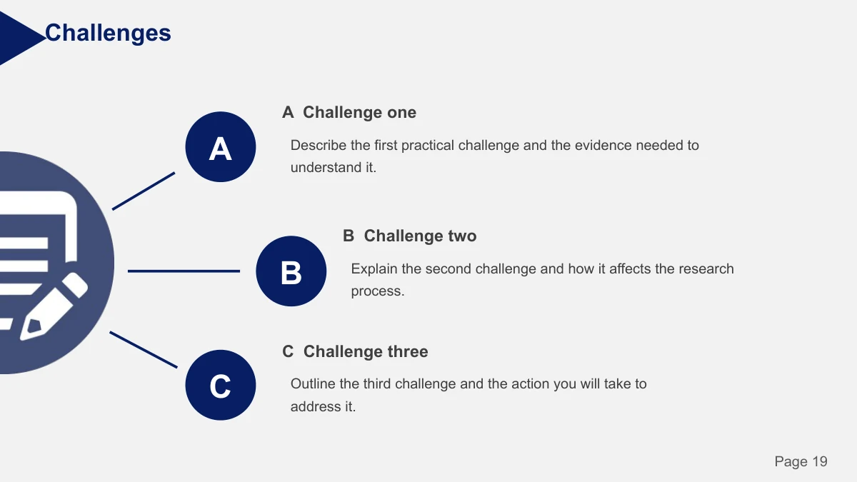 Slide 19: A document-and-pen illustration sits beside three branches marked A, B and C, each leading to explanatory content.