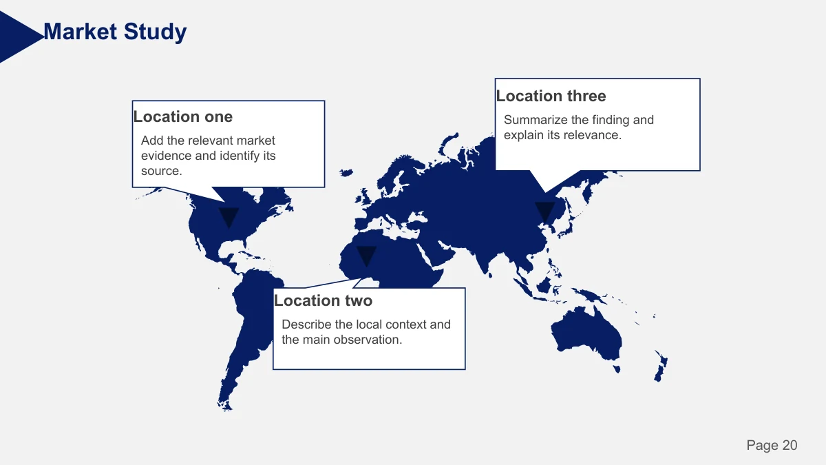 Slide 20: A world-map silhouette anchors three location-style callouts, with accompanying text for describing a research context.