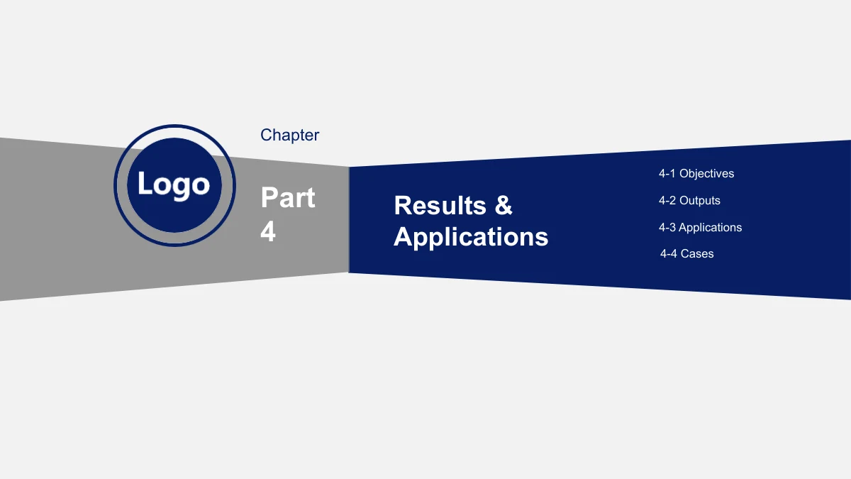 Slide 23: A section divider introduces results and applications in the shared navy and gray style, retaining a circular Logo placeholder.
