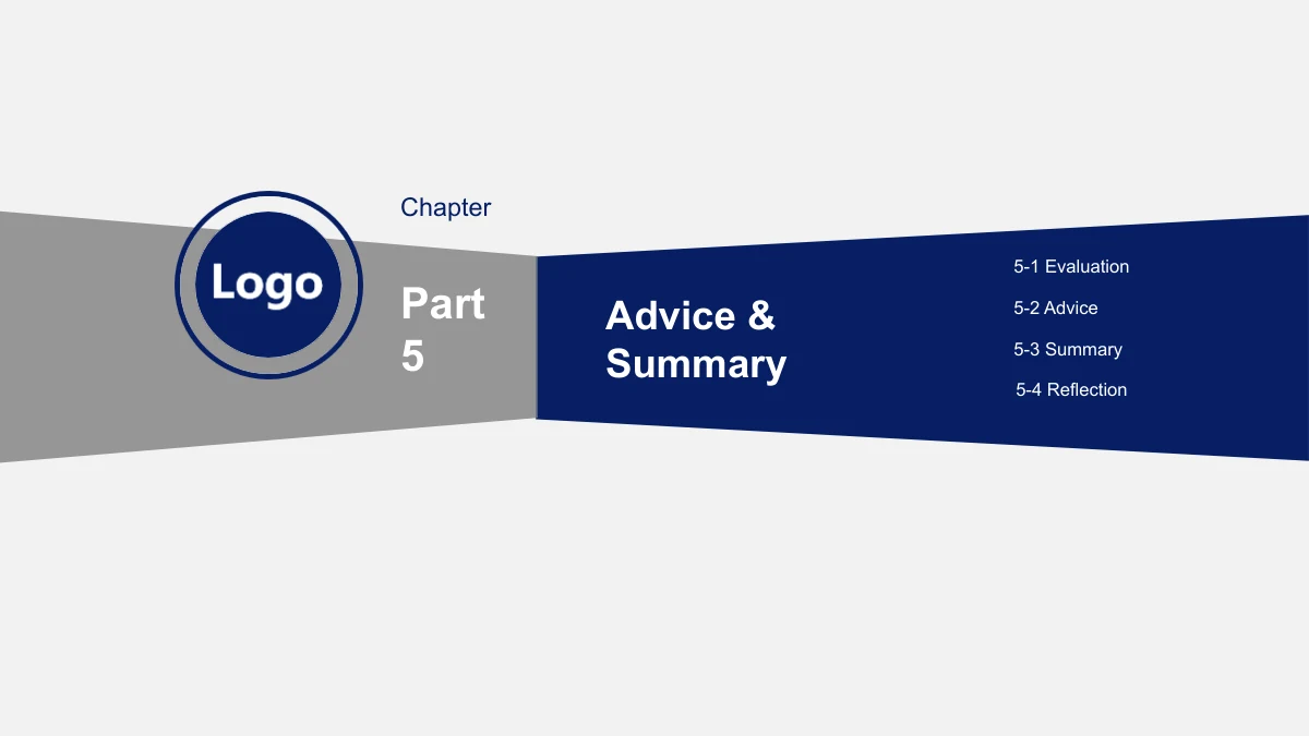 Slide 28: Part 5 introduces Advice & Summary beside the circular Logo placeholder, with Evaluation, Advice, Summary and Reflection listed on the right.