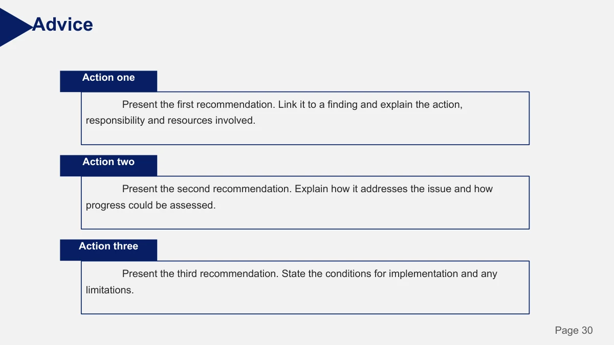 Slide 30: Three labeled boxes stack vertically, providing separate areas for recommendations and their supporting explanations.