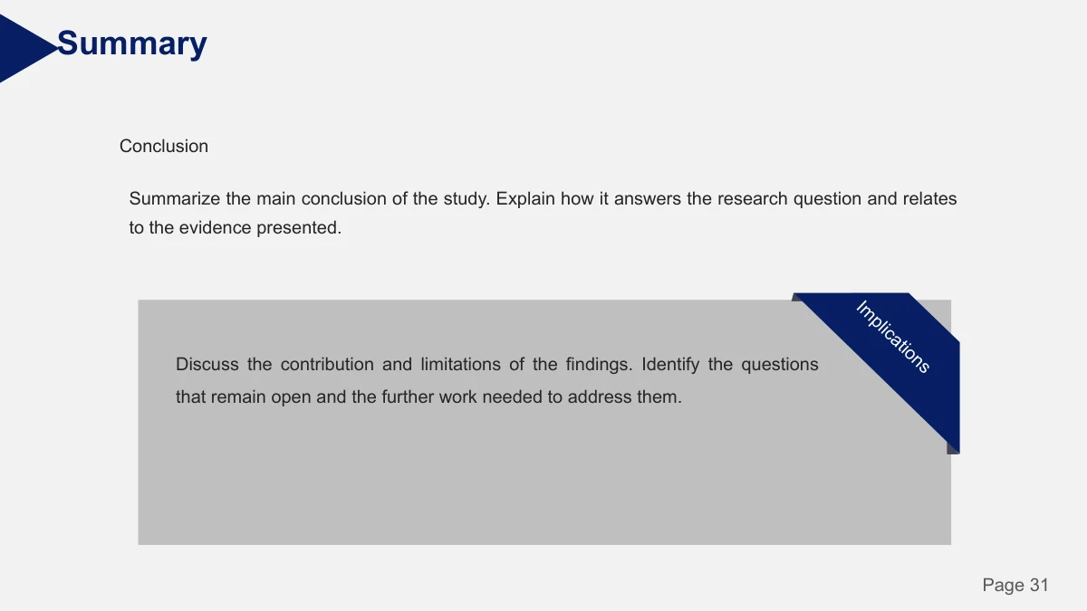 Slide 31: A text-focused conclusion panel uses a folded corner and navy accents to frame the final research explanation.
