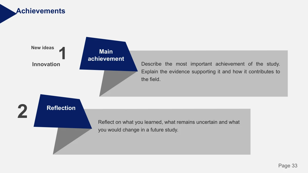 Slide 33: Two numbered panels provide space for explaining research contributions or results, with short headings and supporting text.