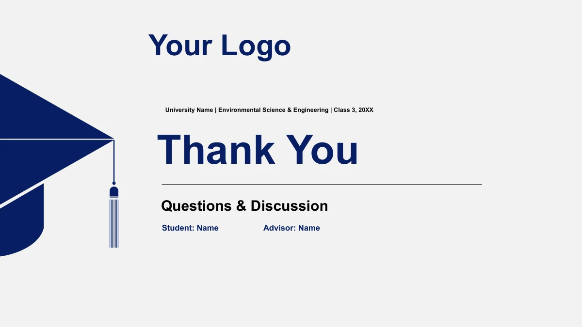 Slide 36: Thank You and Questions & Discussion appear beside the returning graduation-cap graphic, with Your Logo, university and course text, and student and advisor fields.