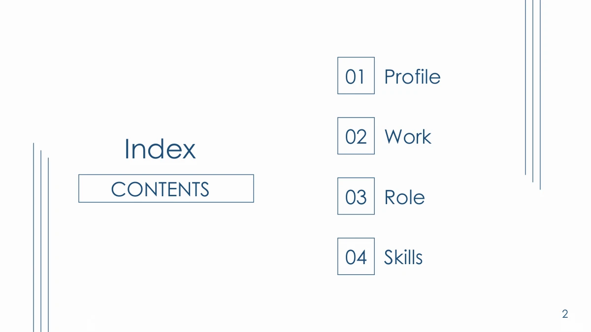 Navy Line Resume Presentation Template: Slide 2. Numbered entries list the profile, work experience, role insight and capabilities.