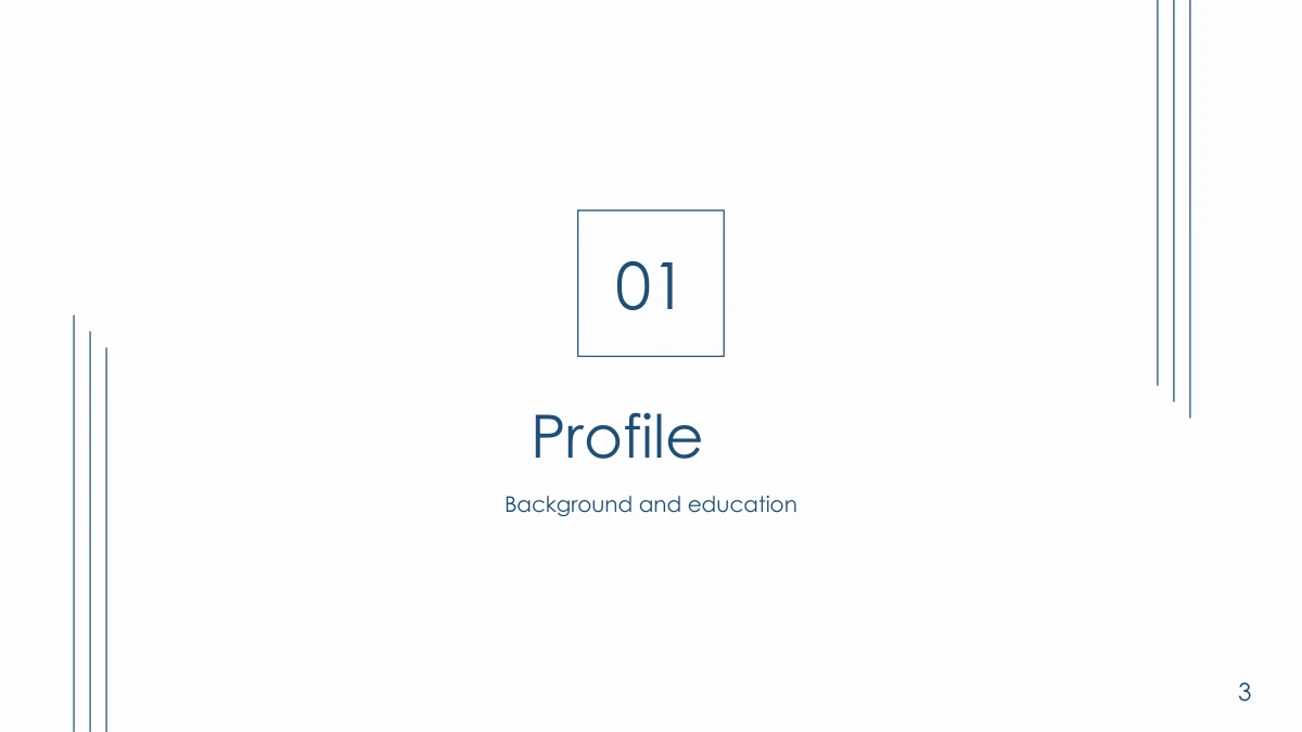 Navy Line Resume Presentation Template: Slide 3. The first numbered divider introduces background and education with navy lines.