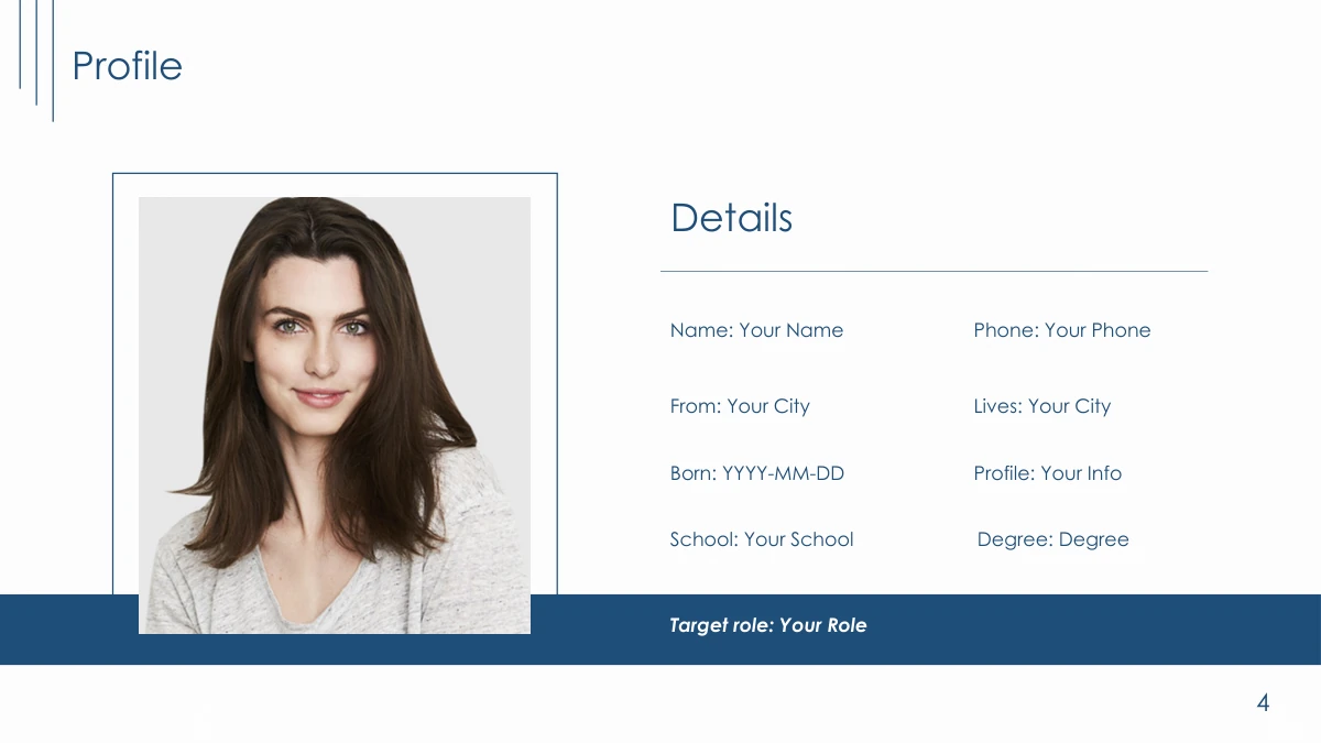 Navy Line Resume Presentation Template: Slide 4. A framed sample portrait accompanies editable identity and contact placeholders.