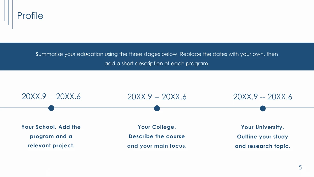 Navy Line Resume Presentation Template: Slide 5. A manual three-stage line connects sample study periods and education descriptions.
