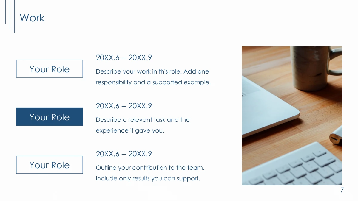 Navy Line Resume Presentation Template: Slide 7. Three sample roles and date ranges sit beside a desk photograph.