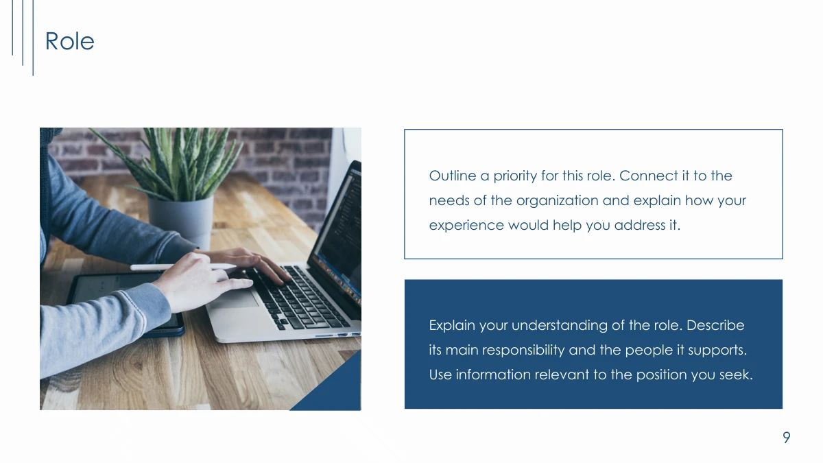 Navy Line Resume Presentation Template: Slide 9. A laptop-work photograph accompanies two contrasting descriptions of the role.