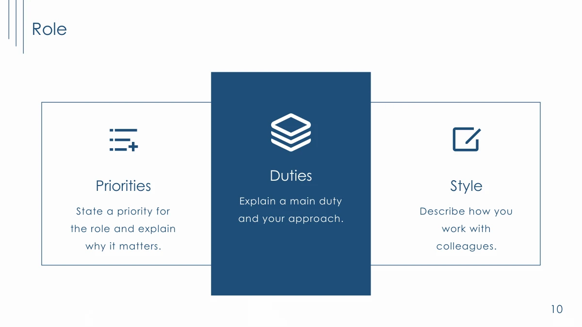 Navy Line Resume Presentation Template: Slide 10. Three outlined columns use icons and short notes to explain role priorities.