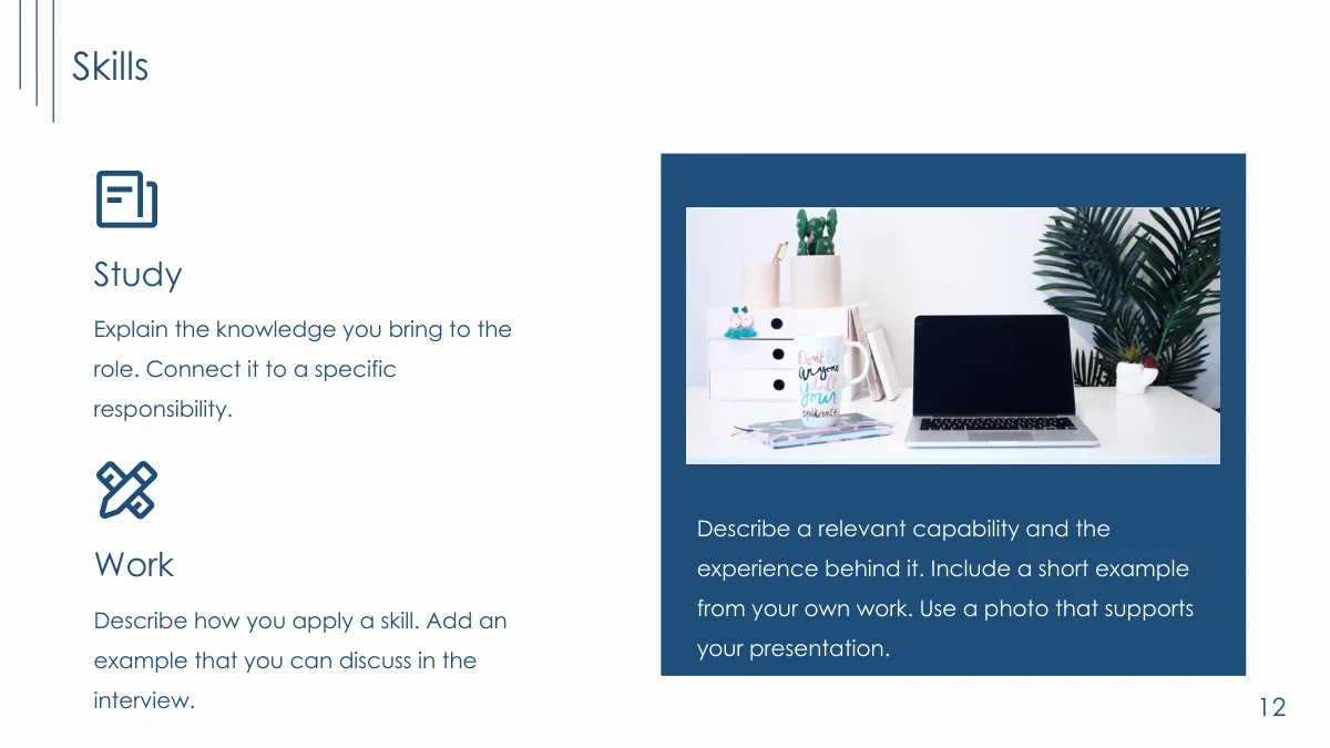 Navy Line Resume Presentation Template: Slide 12. Two icon-led descriptions sit beside a framed desk photograph and a further note.