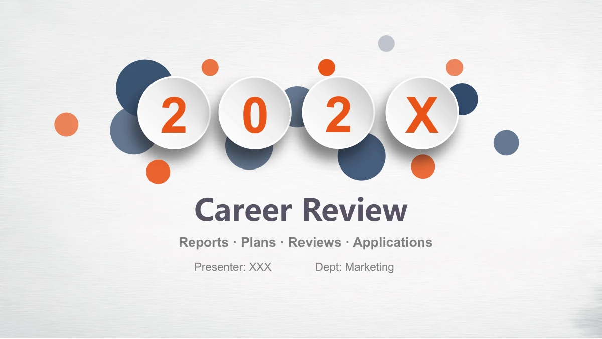 Navy Orange Career Report Presentation Template: Four raised white discs display 202X over scattered navy and orange circles. A large report heading sits below, followed by a short subtitle, presenter and department labels.