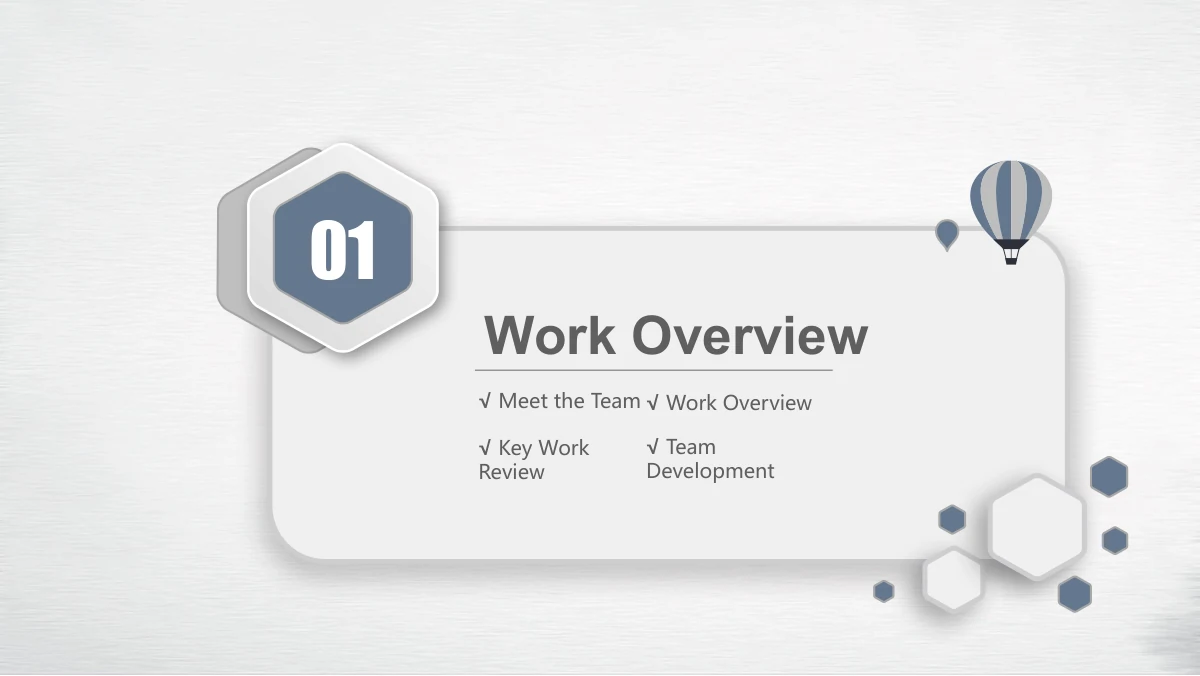 Navy Orange Career Report Presentation Template: A navy hexagonal 01 badge overlaps the upper-left corner of a raised white chapter card. A small hot-air balloon and a cluster of hexagons frame the heading and four topic labels.