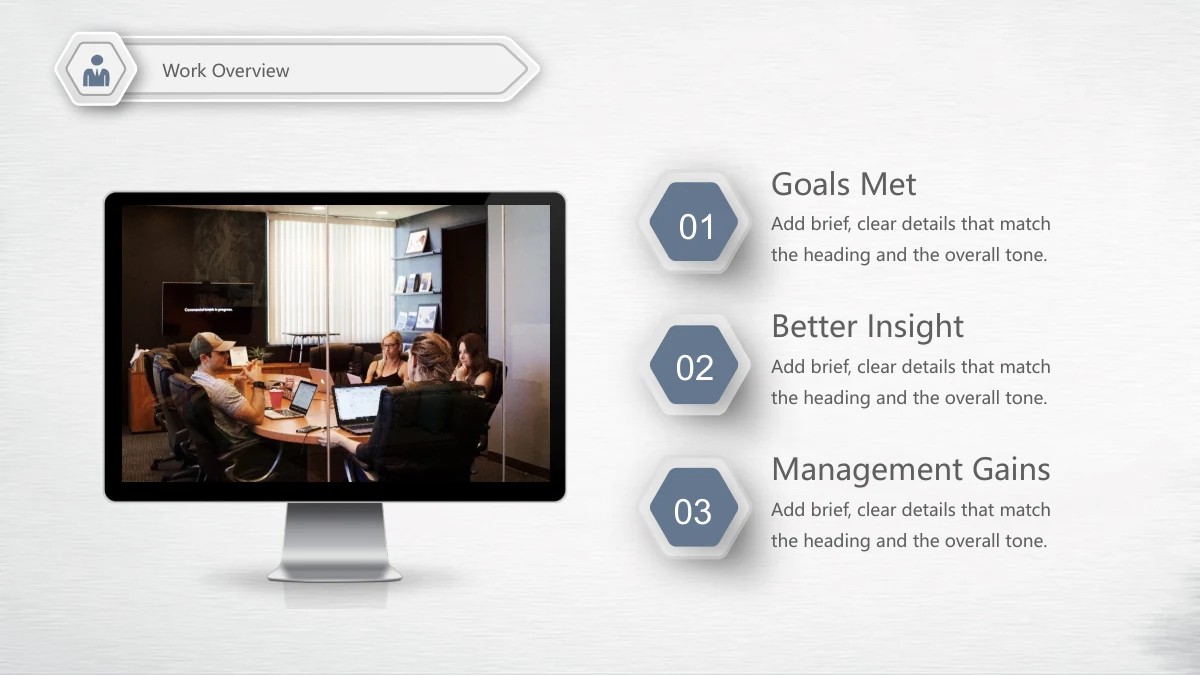 Navy Orange Career Report Presentation Template: An office meeting photograph fills a desktop monitor on the left. Three navy hexagons numbered 01 to 03 introduce separate work headings and short explanatory notes on the right.