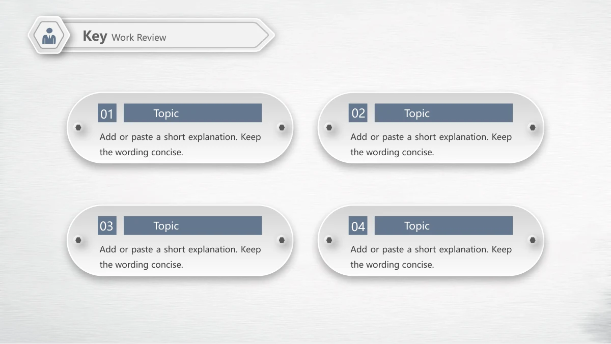 Navy Orange Career Report Presentation Template: Four raised, pill-shaped cards form a two-by-two grid. Each card has two small dark bolts, a navy number tab and heading strip, with a short note beneath.