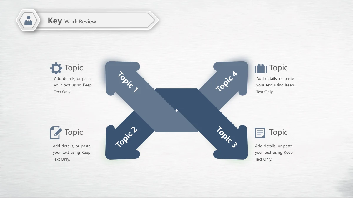 Navy Orange Career Report Presentation Template: Four broad navy arrows cross diagonally at the centre, each carrying a short numbered label. Four external icon-led headings and notes surround the arrow arrangement.