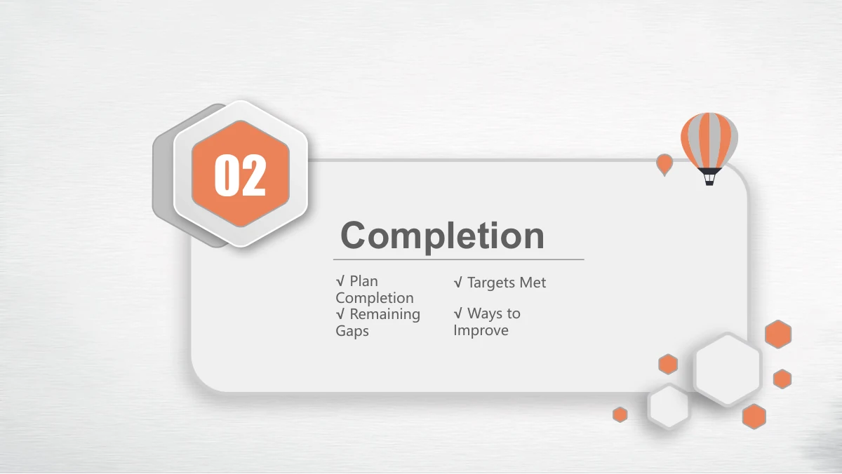 Navy Orange Career Report Presentation Template: An orange hexagonal 02 badge overlaps a raised white chapter card. The heading and four short topics sit between an orange-accented balloon and a small cluster of hexagons.