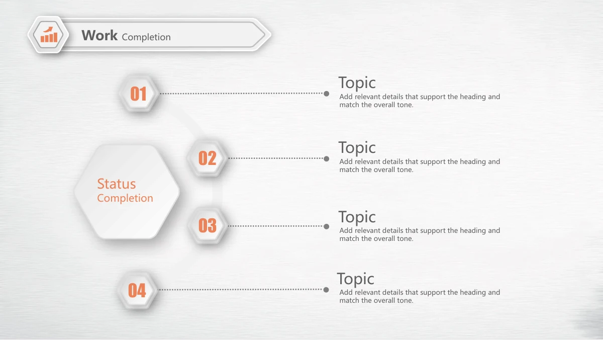 Navy Orange Career Report Presentation Template: A large raised hexagon anchors the left side. Four smaller raised hexagons with orange numbers follow a curved line, with dotted horizontal leaders connecting them to four heading-and-note areas.