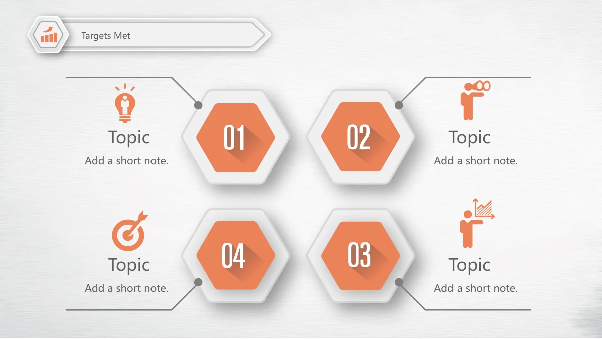 Navy Orange Career Report Presentation Template: Four raised orange hexagons show 01 and 02 above 04 and 03. Lightbulb, telescope, target and presentation icons sit outside the group beside short headings and notes.