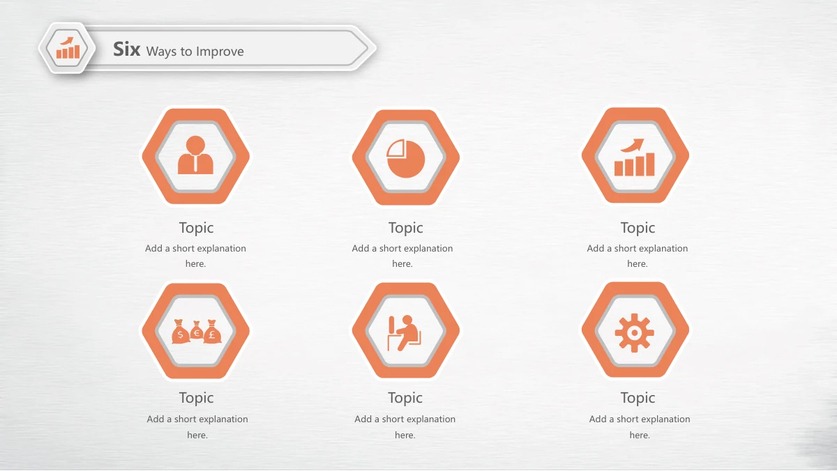 Navy Orange Career Report Presentation Template: Six orange-framed hexagons form a two-by-three grid. Each contains a business icon, with a short heading and explanatory lines underneath.