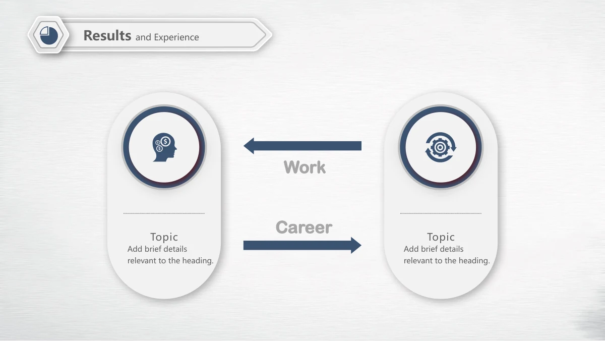 Navy Orange Career Report Presentation Template: Two tall raised white panels carry round navy icons at their tops. Two horizontal arrows point in opposite directions between the panels, with work and career experience labels.
