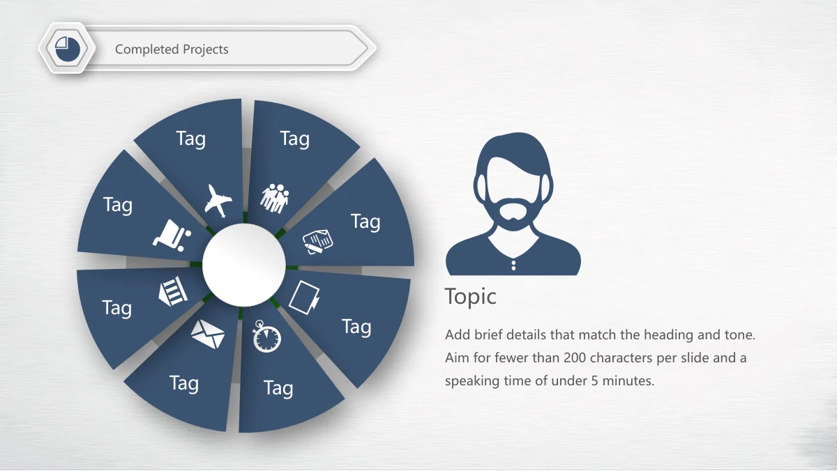Navy Orange Career Report Presentation Template: Eight separated navy sectors form a wheel around a white central opening. Each sector contains a white icon and a short heading, while a male avatar and explanatory text occupy the right.