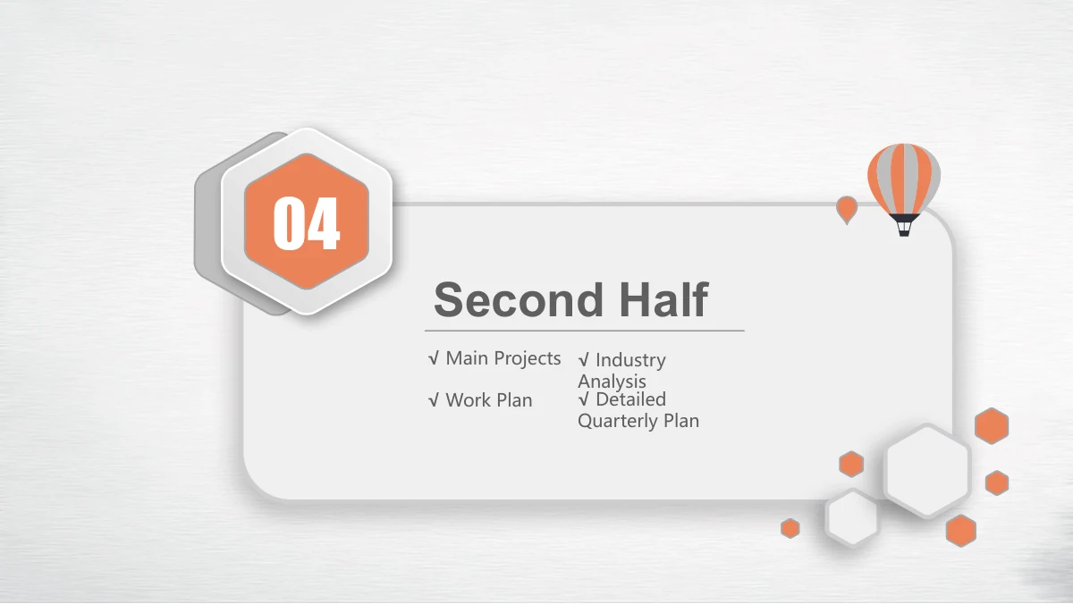 Navy Orange Career Report Presentation Template: An orange hexagonal 04 badge overlaps the raised chapter card. A heading for plans in the second half of the year and four topic labels sit between a small balloon and a cluster of hexagons.