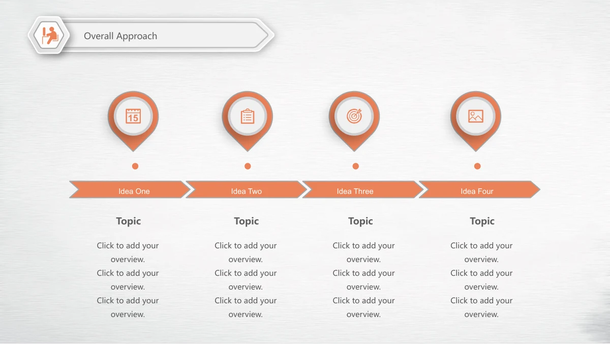 Navy Orange Career Report Presentation Template: Four orange chevrons create a horizontal sequence. Map-pin icons sit above them, while four headings and short note columns appear below the arrows.