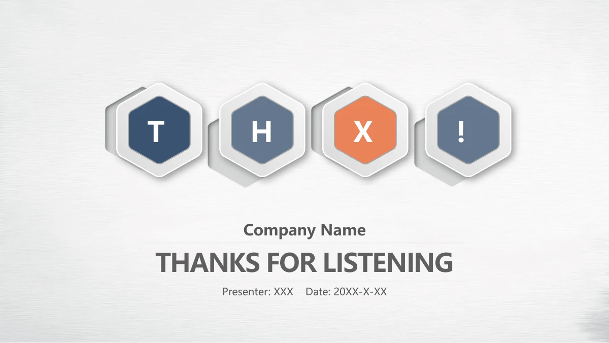 Navy Orange Career Report Presentation Template: Four raised hexagonal tiles carry the closing heading, using navy, grey and orange fills. A company line, an English thanks message and presenter-and-date labels sit below.
