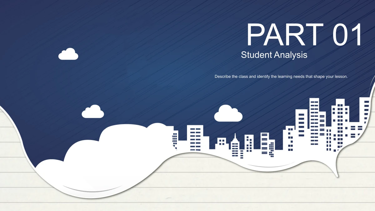 Part 01 and Student Analysis appear above the white skyline on textured navy blue.