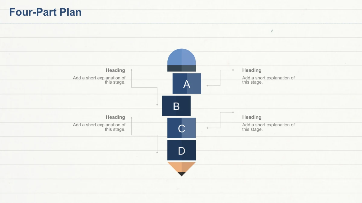 A large vertical pencil consists of four navy blocks labeled A, B, C and D.