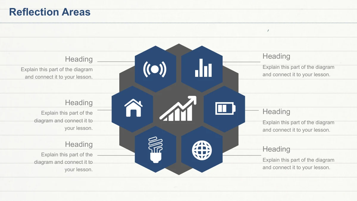 Six navy hexagons with icons surround a central upward-trend symbol.