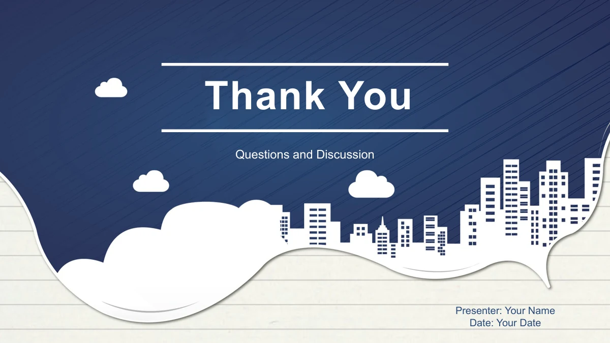 Thank You and Questions and Discussion appear over the navy paper-city design.