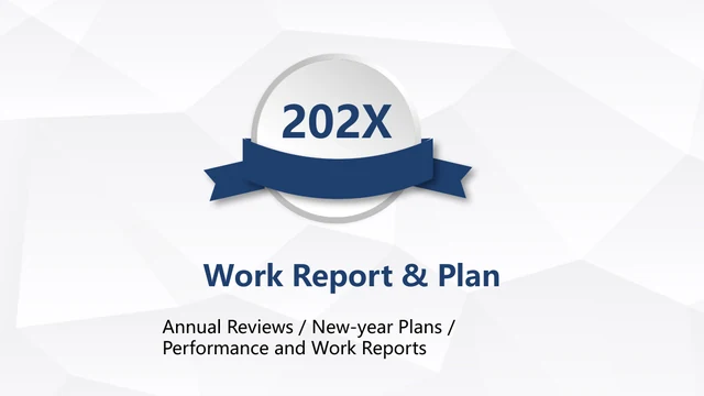 Navy Ribbon Work Report Presentation Template: A broad navy ribbon crosses a raised circular year badge on the pale faceted cover. The report title sits below the badge, creating a clear opening for a work review and plan.
