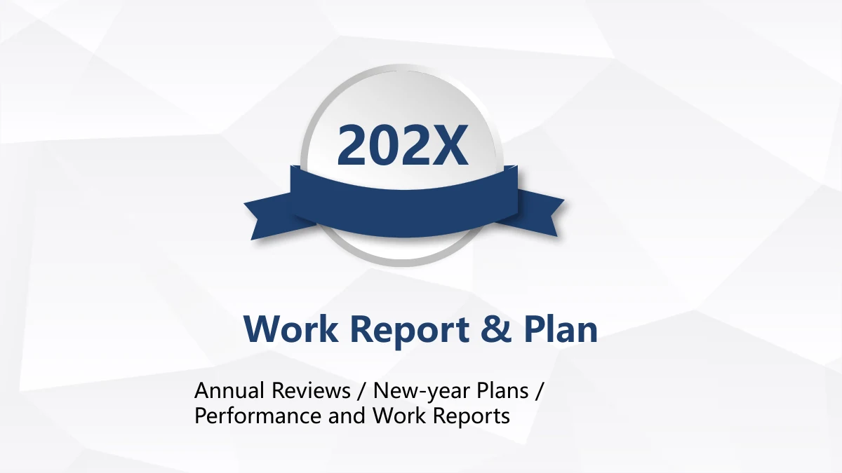 Navy Ribbon Work Report Presentation Template: A navy ribbon crosses a large raised year disc above the report heading. Pale facets fill the background, and the cover uses the sample year 202X.